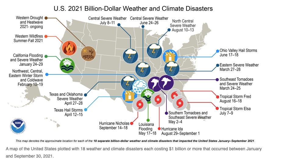 The Map shows the approximate location for each of the 18  separate billion dollar weather and climate disasters that imapcted the United States January - September 2021